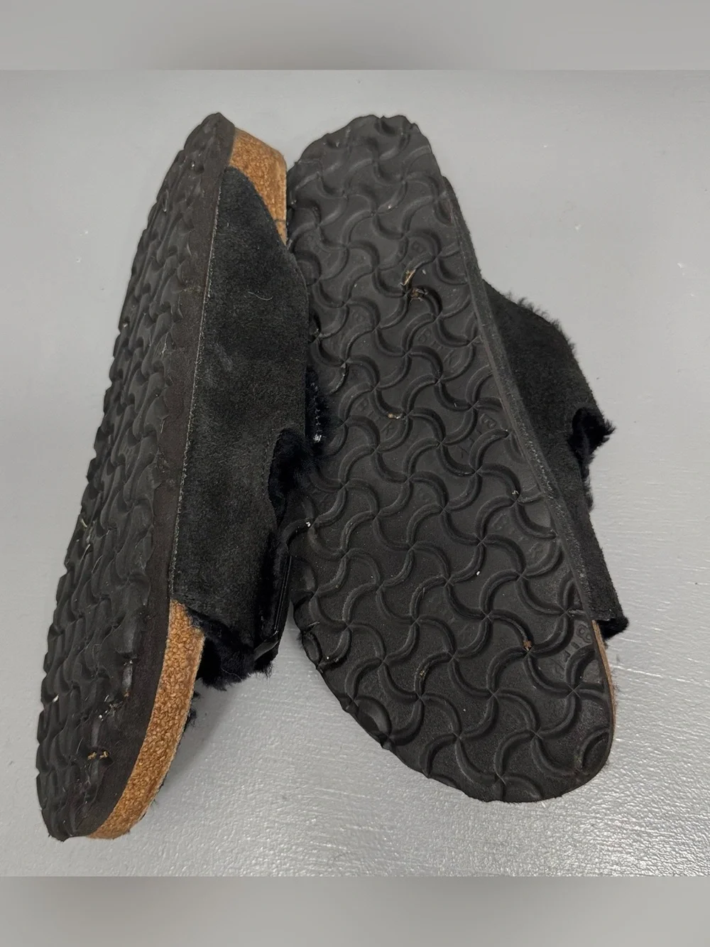 Birkenstock Black Shearling Suede Arizona Slide Sandals